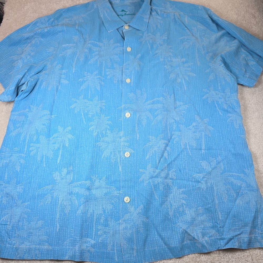 Tommy Bahama Shirt Mens XXL Blue Silk Tropical Logo Button-Up Hawaiian Tropical - Picture 2 of 9